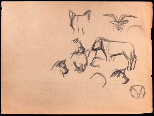 Cat, Dog and Goat, Original Drawing, Early 20th-Century-ZCI-1326682