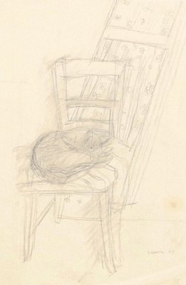 Cat on the Chair - Original Pencil on Paper by Jeanne Daour - 1944 1944-ZCI-777616