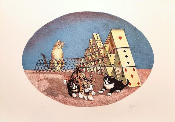 Cats Playing - Original Lithograph by G. Giuggioli - 1980 1980-ZCI-755186