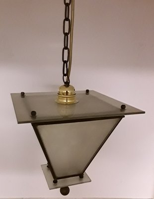 Ceiling Lamp in Frosted Glass with Brass Frame, 1920s-HOI-832816