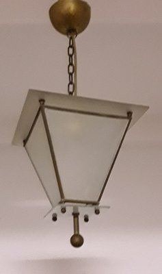 Ceiling Lamp in Frosted Glass with Brass Frame, 1920s-HOI-832816