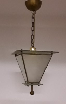 Ceiling Lamp in Frosted Glass with Brass Frame, 1920s-HOI-832816