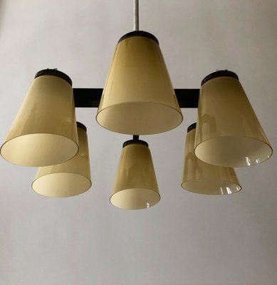 Ceiling Lamp with 6 Handmade Opaline Glass Shades from Lidokov, 1950s-BAF-763520