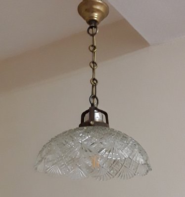 Ceiling Lamp with Curved Clear Relief Glass Shade & Brass Mount, 1910s-HOI-1408825