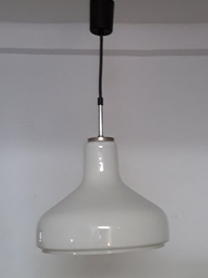 Ceiling Lamp with Opaque White Glass Shade, Chrome-Plated Metal Mounting & Black Cable and Canopy, 1960s-HOI-1279470