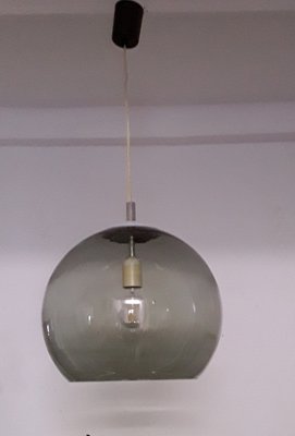 Ceiling Lamp with Spherical Smoked Glass Shade, Silver Metal Mount & Black Plastic Canopy, 1980s-HOI-1275035