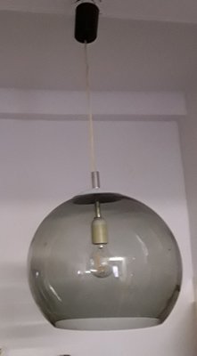 Ceiling Lamp with Spherical Smoked Glass Shade, Silver Metal Mount & Black Plastic Canopy, 1980s-HOI-1275035