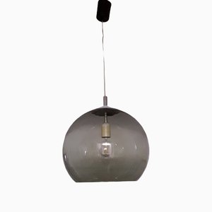 Ceiling Lamp with Spherical Smoked Glass Shade, Silver Metal Mount & Black Plastic Canopy, 1980s-HOI-1275035