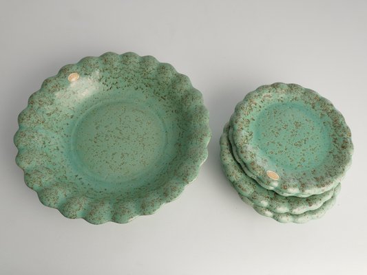 Celadon Green Earthenware Bowl & Plates from Nittsjö, Sweden, 1960s, Set of 7-RUK-1773828