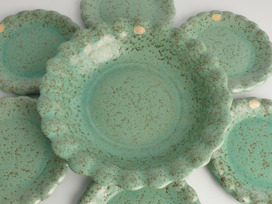 Celadon Green Earthenware Bowl & Plates from Nittsjö, Sweden, 1960s, Set of 7-RUK-1773828