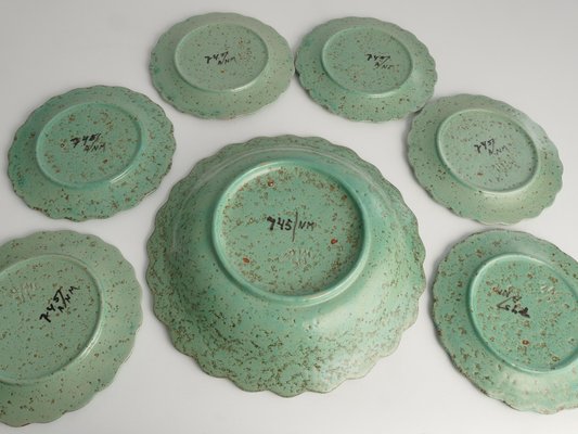 Celadon Green Earthenware Bowl & Plates from Nittsjö, Sweden, 1960s, Set of 7-RUK-1773828