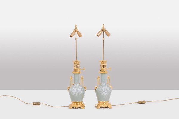 Celadon Porcelain and Gilded Bronze Table Lamps, 1880s, Set of 2-CEJ-1807399