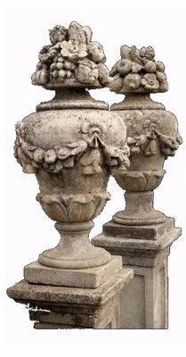 Cement Urns on Pillars, Early 1900s, Set of 2-FDW-2023350