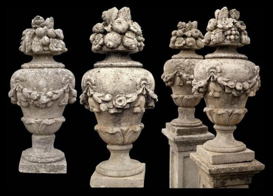 Cement Urns on Pillars, Early 1900s, Set of 2-FDW-2023350