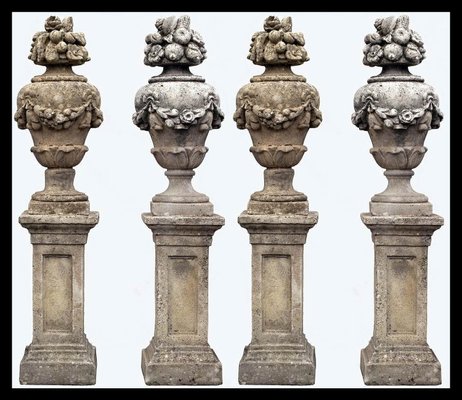 Cement Urns on Pillars, Early 1900s, Set of 2-FDW-2023350