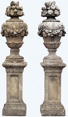 Cement Urns on Pillars, Early 1900s, Set of 2-FDW-2023350