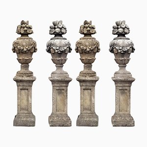 Cement Urns on Pillars, Early 1900s, Set of 2-FDW-2023350