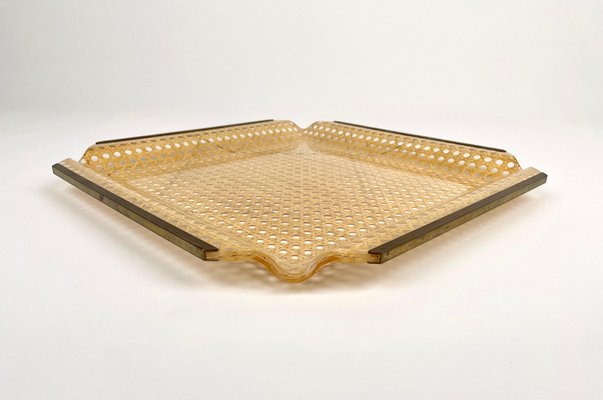 Centerpiece in Acrylic Glass, Rattan and Brass in the Style of Christian Dior, Italy, 1970s-LYQ-1378016