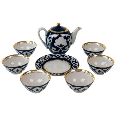 Central Asian Hand-Painted Porcelain Tea Set in Cobalt Blue & Gold, 1960s, Set of 8-BAF-763468