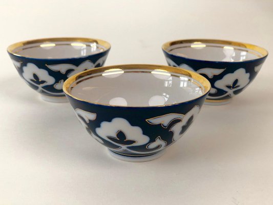 Central Asian Hand-Painted Porcelain Tea Set in Cobalt Blue & Gold, 1960s, Set of 8-BAF-763468