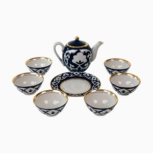 Central Asian Hand-Painted Porcelain Tea Set in Cobalt Blue & Gold, 1960s, Set of 8-BAF-763468