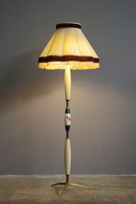 Ceramic and Wooden Ground Lamp with Fringes, 1950s-KNM-1428984