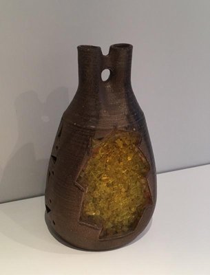 Ceramic and Yellow Glass Lamp, 1970s-BA-658573