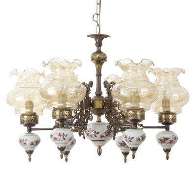 Ceramic & Blown Murano Glass 6 Light Chandelier with Floral Decoration, Italy, 1950s-MPO-1259484