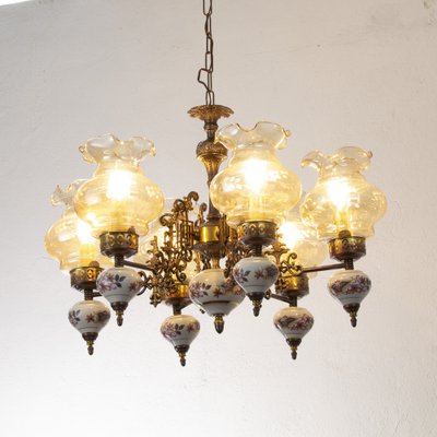 Ceramic & Blown Murano Glass 6 Light Chandelier with Floral Decoration, Italy, 1950s-MPO-1259484