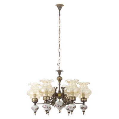 Ceramic & Blown Murano Glass 6 Light Chandelier with Floral Decoration, Italy, 1950s-MPO-1259484