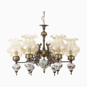 Ceramic & Blown Murano Glass 6 Light Chandelier with Floral Decoration, Italy, 1950s-MPO-1259484