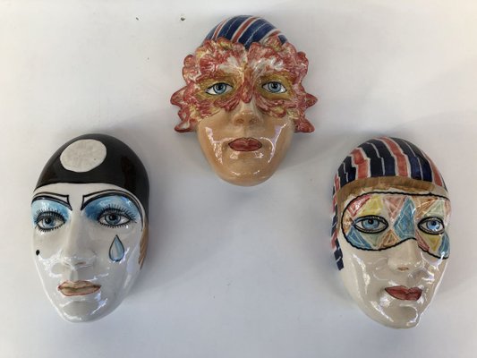 Ceramic Faces, 1950s, Set of 3-OLY-826562