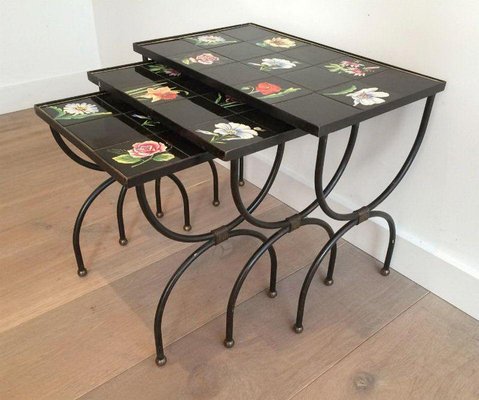 Ceramic & Metal Nesting Tables, 1950s, Set of 3-BA-1365652