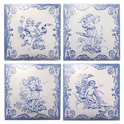 Ceramic Tiles with Angels, 1930s, Set of 4-VDW-968277