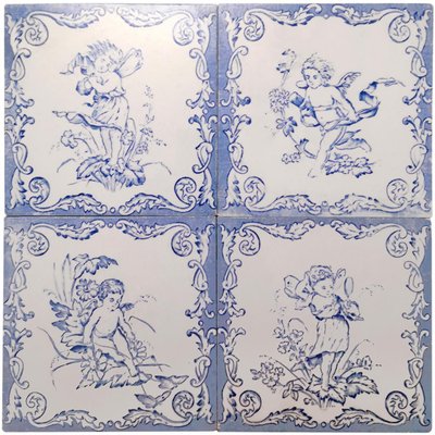 Ceramic Tiles with Angels, 1930s, Set of 4-VDW-968277