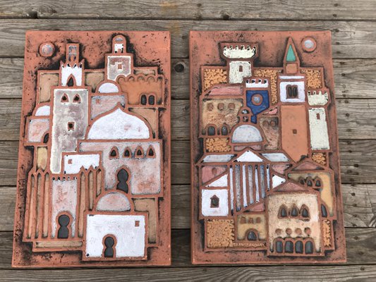 Ceramic 'Town on the Adriatic' Tiles by Dietmar Liedke for Karlsruher Majolika, Set of 2-EXJ-963140