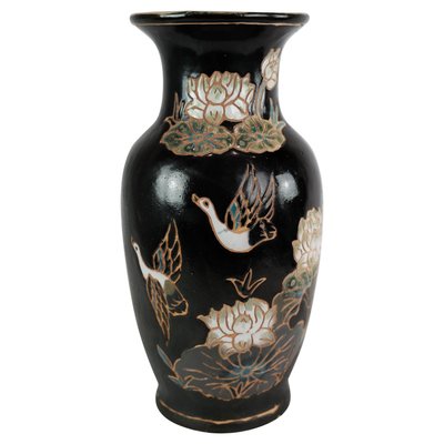 Ceramic Vase with Black Glaze and Decorated with Flowers-UY-1000665