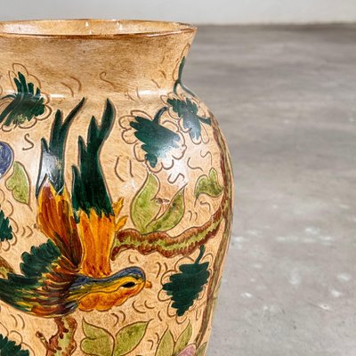 Ceramic Vase with Floral and Bird Motifs by C. Monarchi, Gubbio, 1930s-KHT-2017082