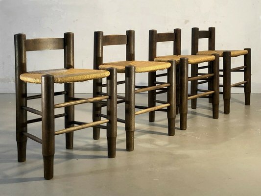 Chairs in Wood and Straw by Charles Dudouyt, France, 1950s, Set of 4-NLF-962406