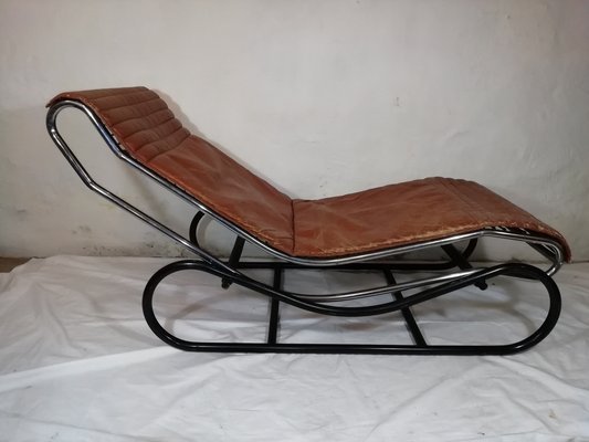 Chaise Longue in Chromed Metal & Brass Leather, Italy, 1960s-HNE-1178158