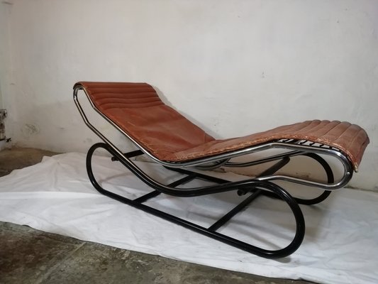 Chaise Longue in Chromed Metal & Brass Leather, Italy, 1960s-HNE-1178158