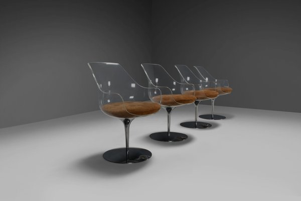 Champagne Chairs in Suede & Acrylic Glass attributed to Estelle & Erwine Laverne, 1957, Set of 4-QT-2036594