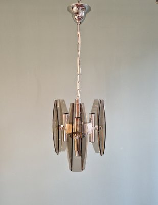 Chandelier in Chromed Metal and Smoked Glass from Veca, Italy, 1970s-FAX-1795984