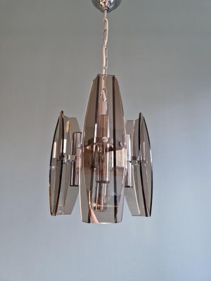 Chandelier in Chromed Metal and Smoked Glass from Veca, Italy, 1970s-FAX-1795984