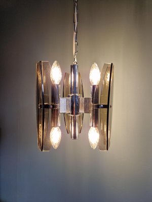 Chandelier in Chromed Metal and Smoked Glass from Veca, Italy, 1970s-FAX-1795984