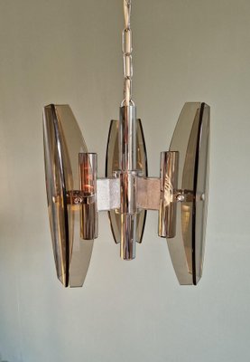 Chandelier in Chromed Metal and Smoked Glass from Veca, Italy, 1970s-FAX-1795984