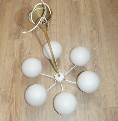 Chandelier in White Metal and Brass with 6 Opal Glass Domes, 1960s-AFE-1763390