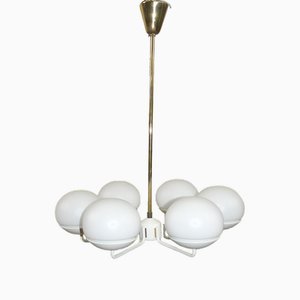 Chandelier in White Metal and Brass with 6 Opal Glass Domes, 1960s-AFE-1763390