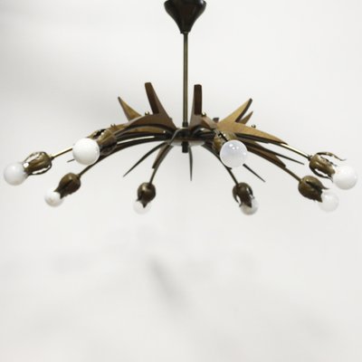 Chandelier with Copper Arms, Brass & Teak in the style of Stilnovo, Italy, 1960s-XIJ-1742445