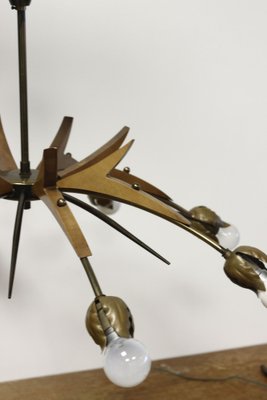 Chandelier with Copper Arms, Brass & Teak in the style of Stilnovo, Italy, 1960s-XIJ-1742445